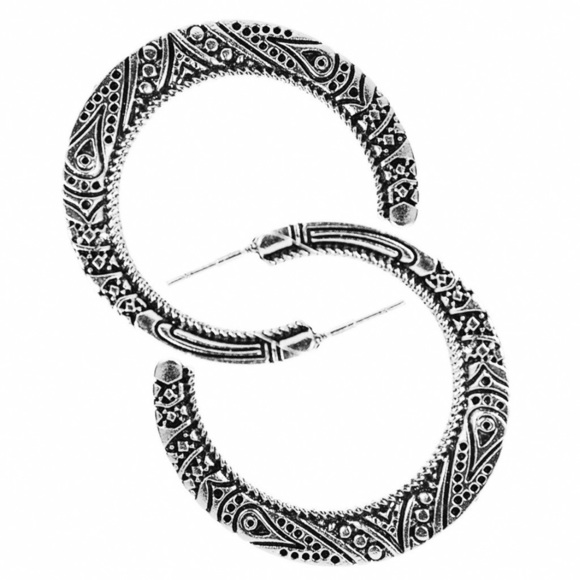 Any 3/$25! Silver Engraved Boho Flat Hoop Earrings - Picture 5 of 10